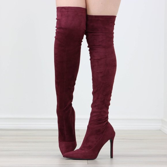 Wine Women's Thigh High Boots Faux Suede Pointed Toe Stilettos - Picture 7 of 15